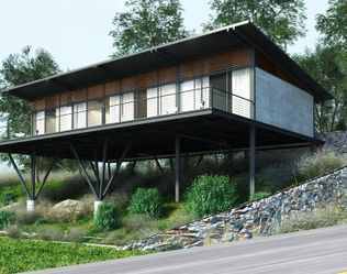 A 3D render of a modern Amara home on a hill. 