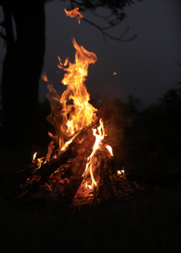 A bonfire burning in the dark at Amara, Ooty.